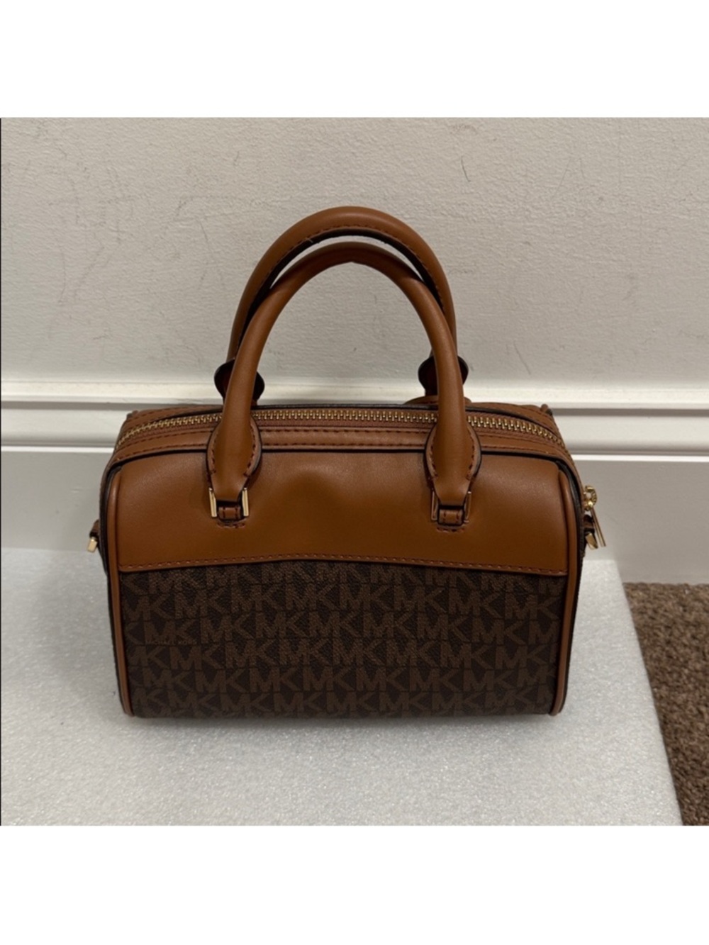 Michael Kors Brown and Tan Logo Dome Satchel with Gold Hardware NWT - Picture 2 of 6